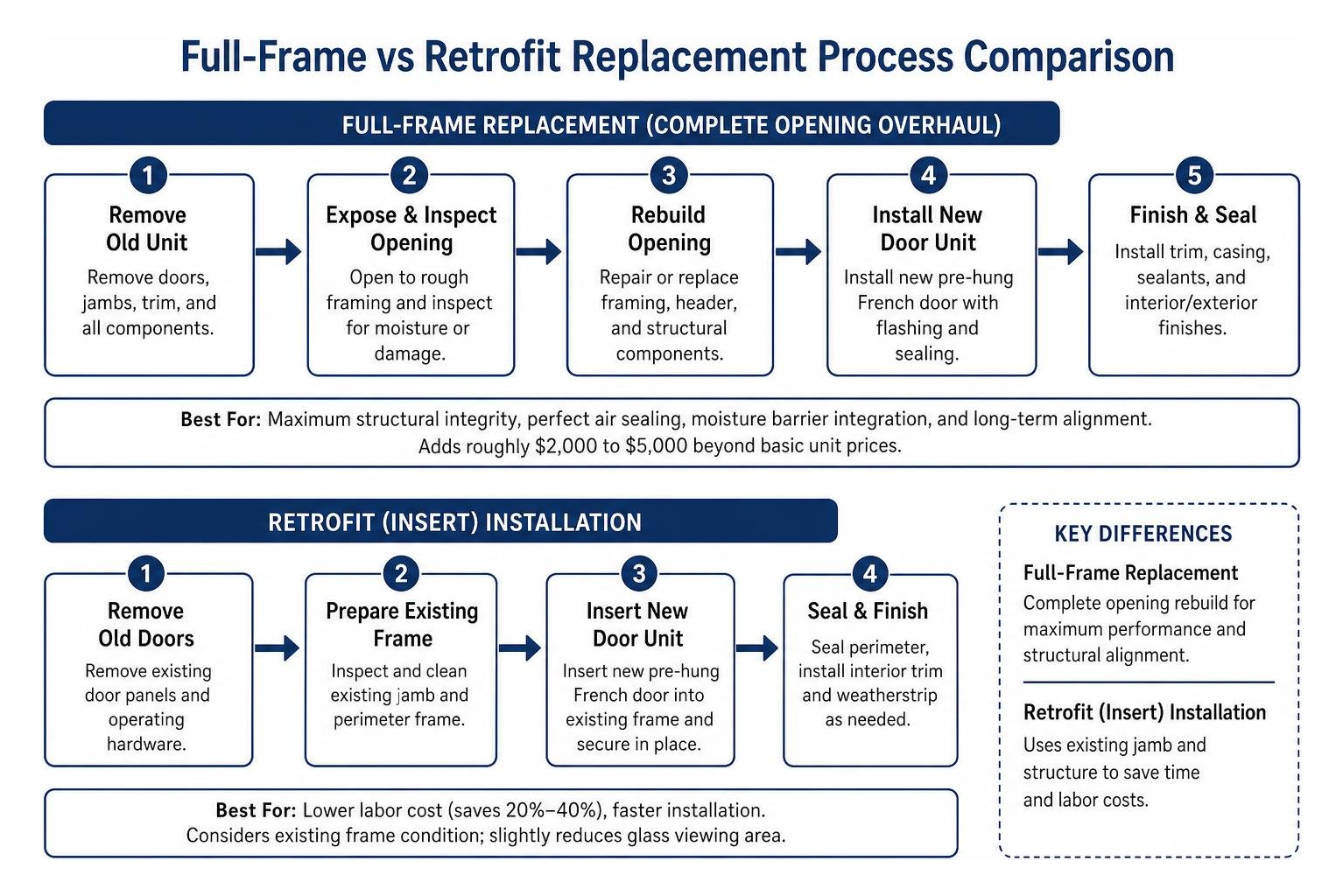 Full-frame vs retrofit replacement process comparison Full-frame vs retrofit replacement process comparison