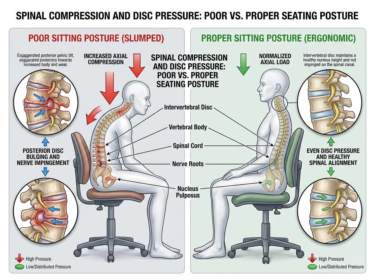 Illustration of spinal compression and disc pressure from poor seating posture - ergonomic desk stools health impact