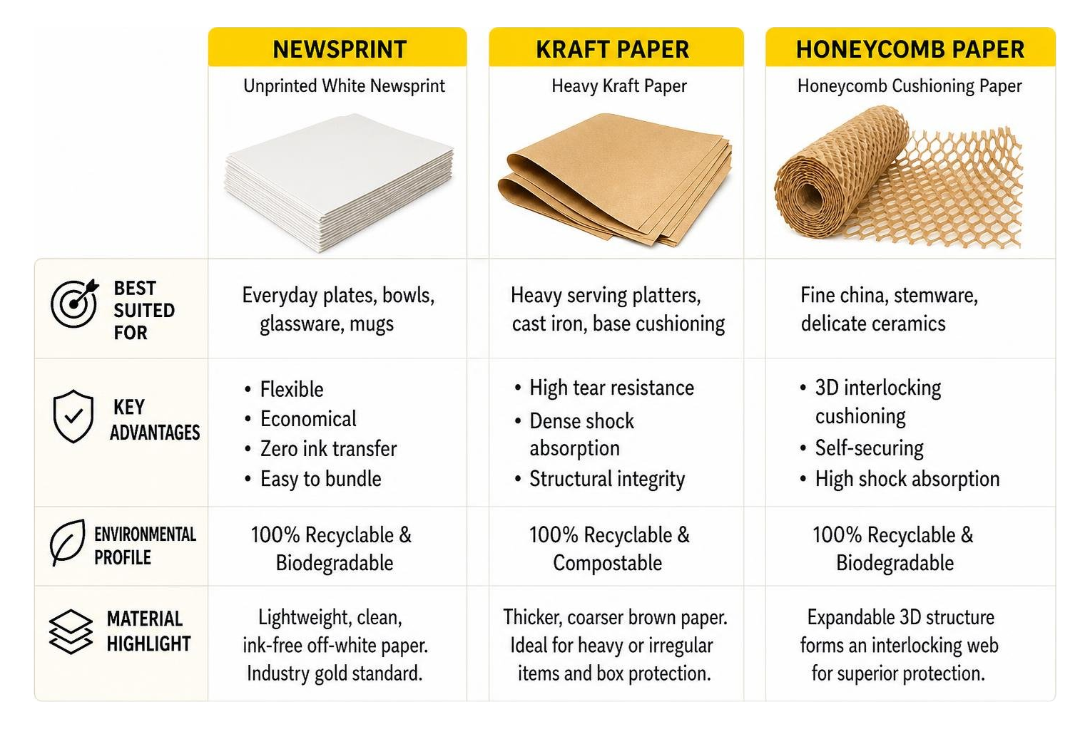 Comparison of newsprint, kraft, and honeycomb paper