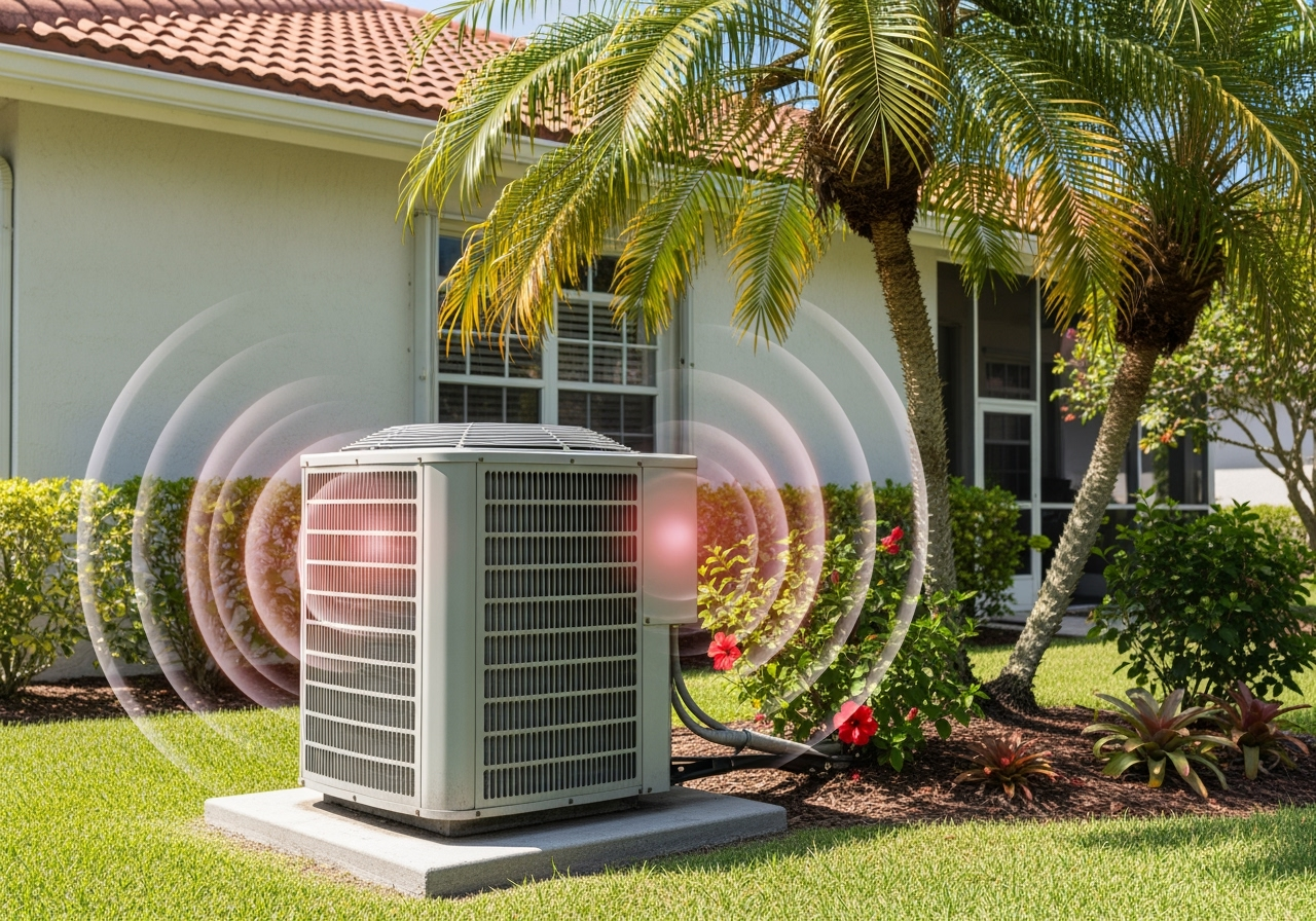 outdoor AC unit with sound waves indicating noise - broken AC unit
