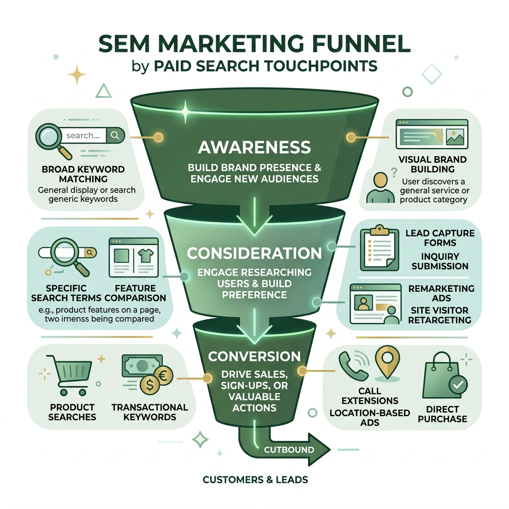 SEM marketing funnel showing awareness, consideration, and conversion stages with paid search touchpoints - google search