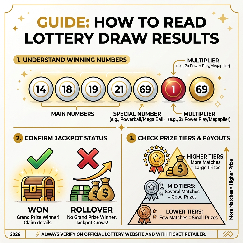 Infographic showing how to read today's lottery draw results including numbers, jackpot status, and prize tiers - jackpot