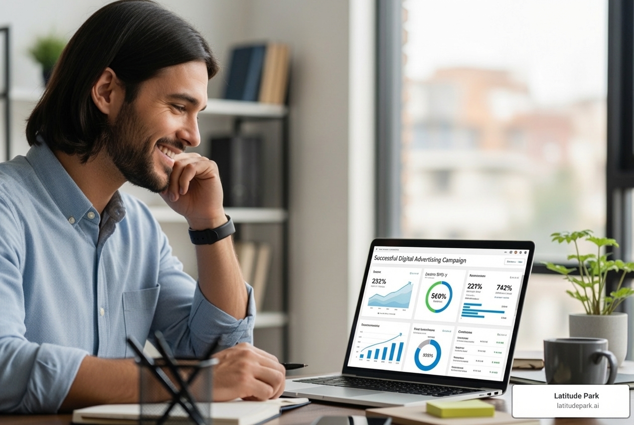 small business owner smiling at their laptop showing a successful ad campaign dashboard - digital advertising media