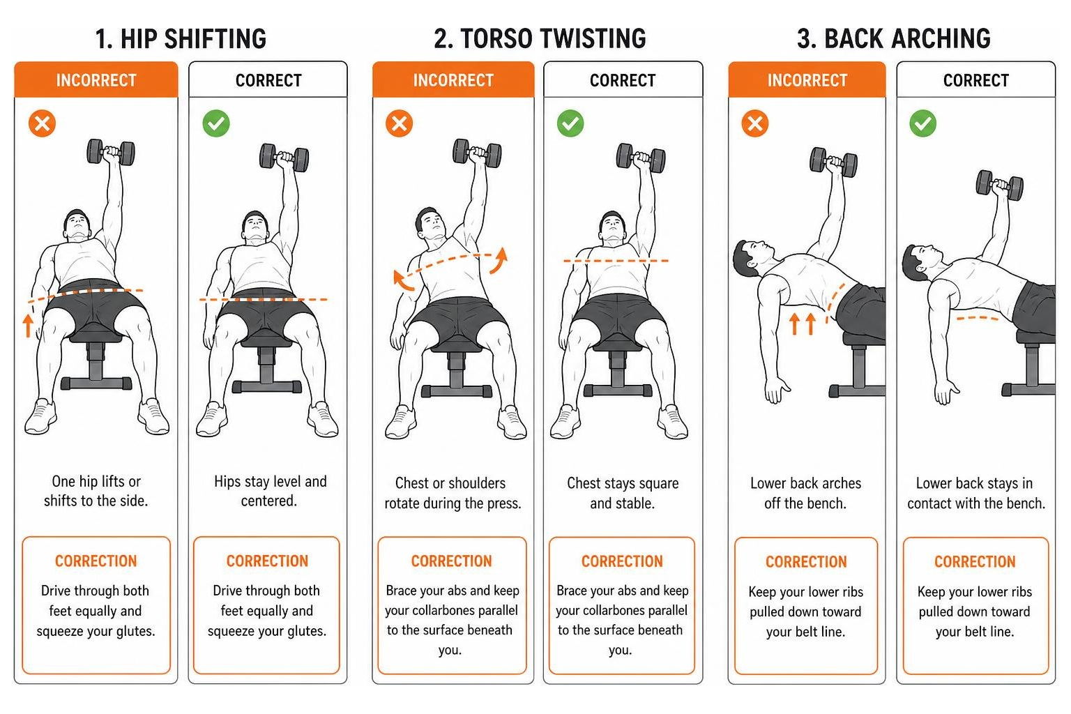 Diagram showing form corrections for hip shifting, torso twisting, and back arching Diagram showing form corrections for hip shifting, torso twisting, and back arching