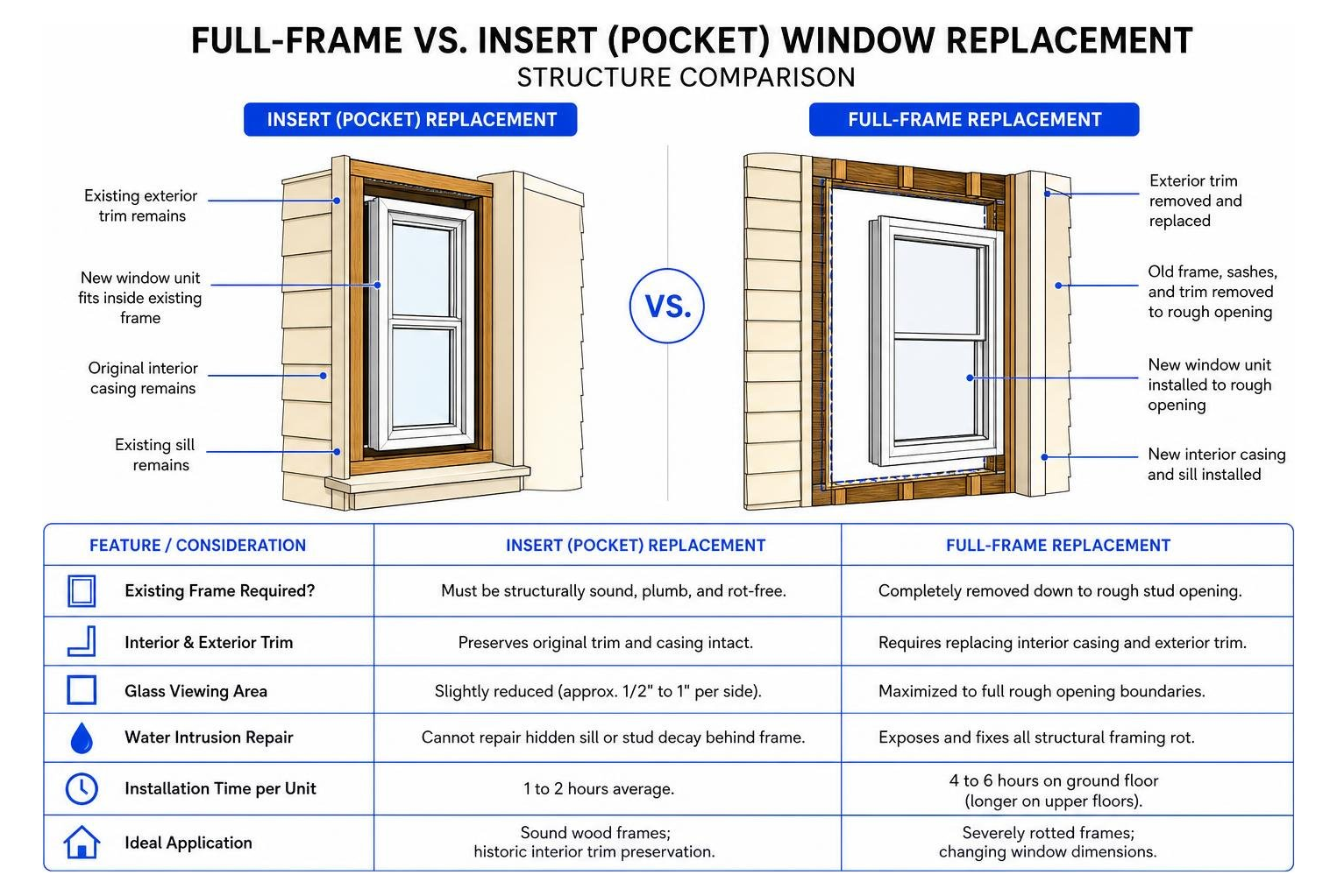 Full frame versus insert window replacement structure comparison Full frame versus insert window replacement structure comparison