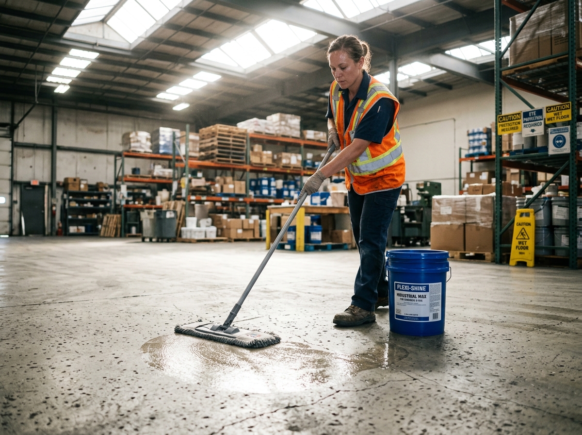 An industrial floor technician applying wax to a large concrete floor area with visible surface pores and realistic light