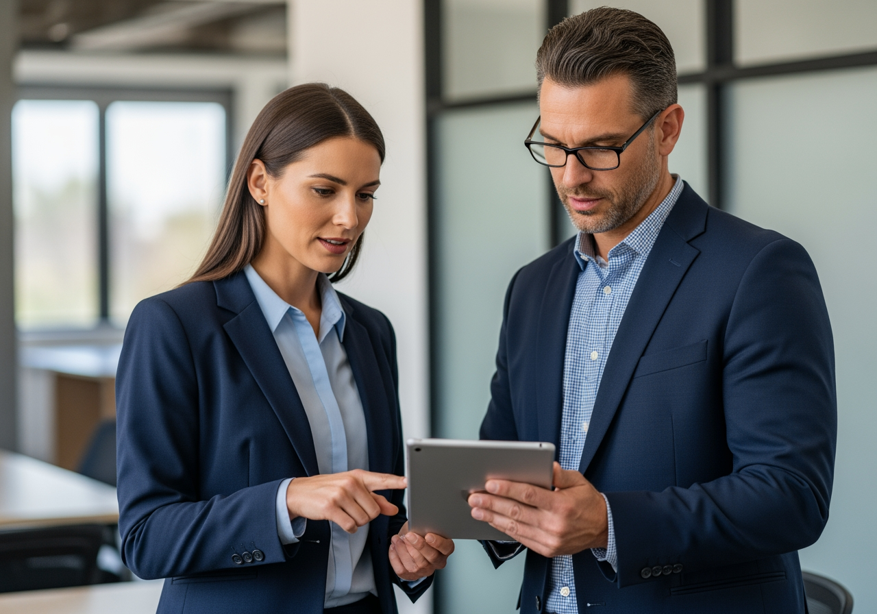 A consultant and facility manager reviewing a facility audit report on a tablet - professional consulting and cleaning