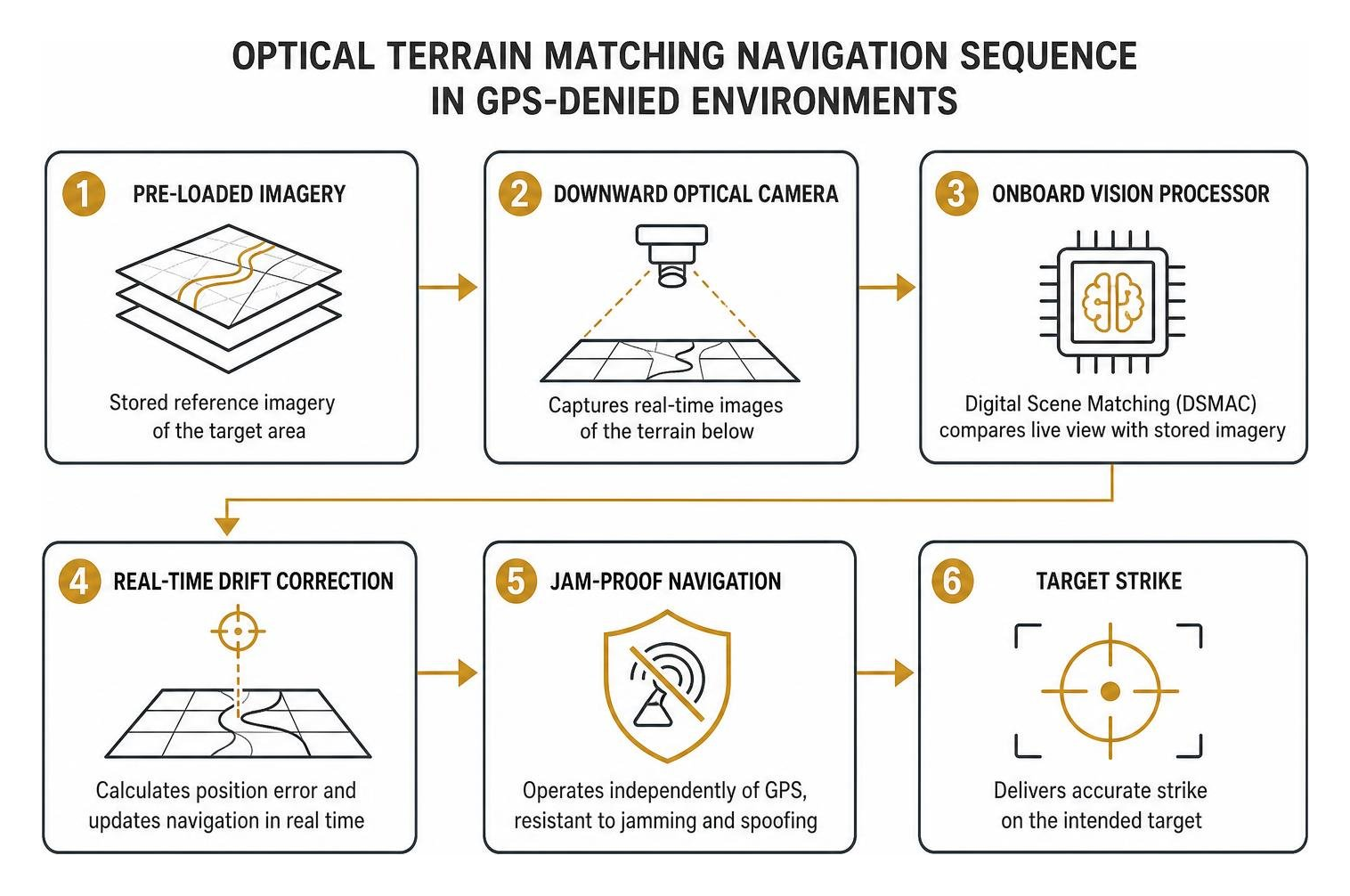 Optical terrain matching navigation sequence in GPS-denied environments