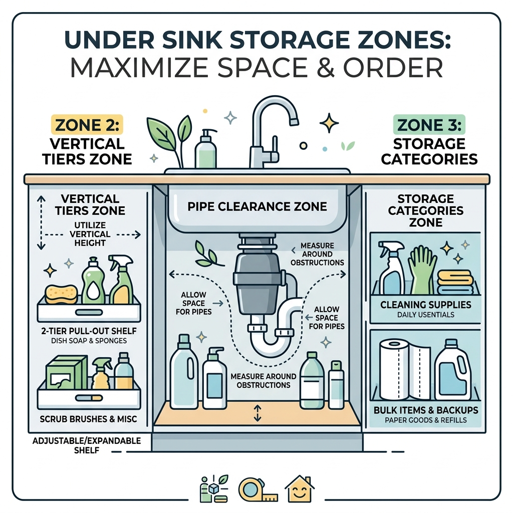 under sink storage zones infographic showing pipe clearance, vertical tiers, and storage categories - under sink storage