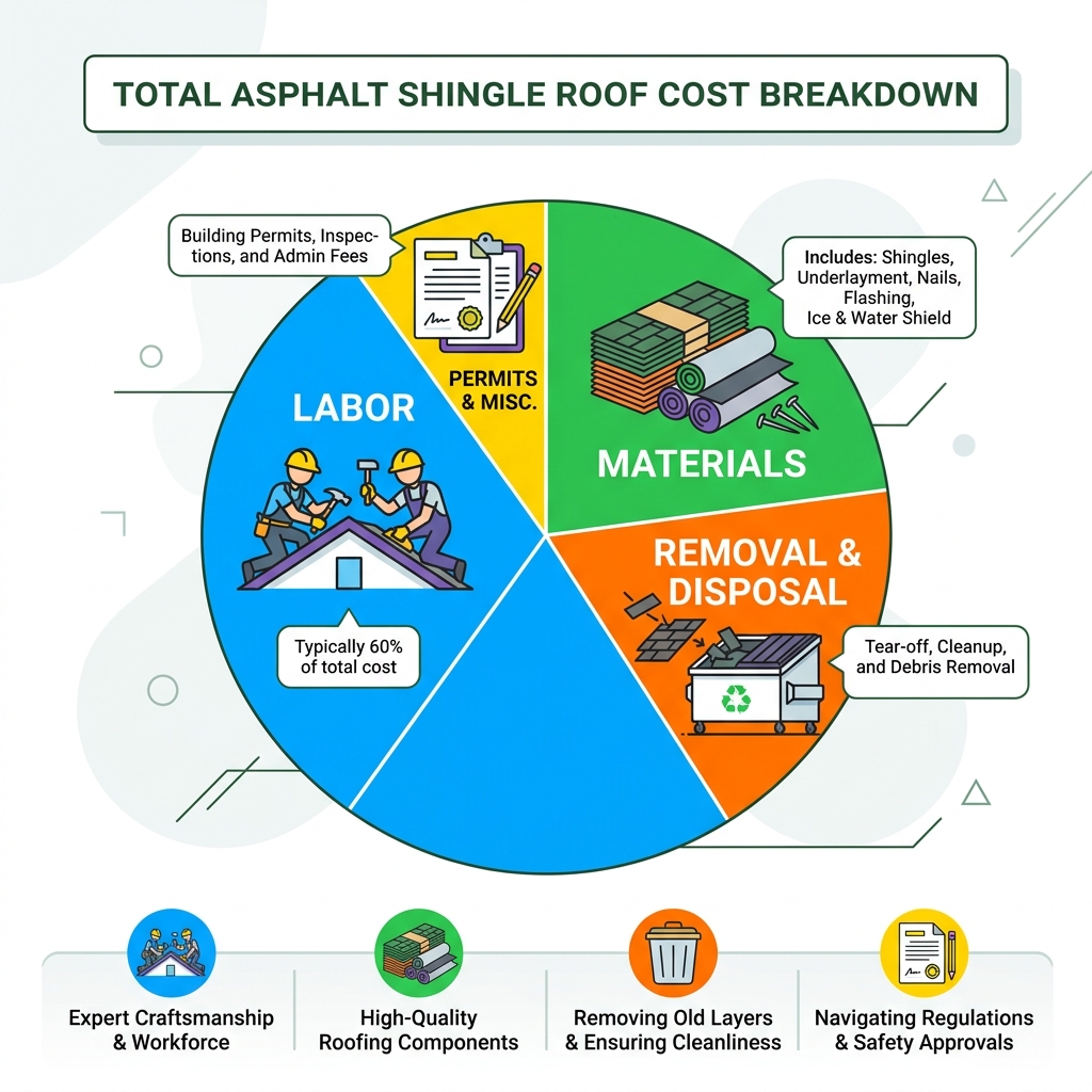 Breakdown of asphalt shingle roof cost by category including materials, labor, removal, and permits - Asphalt shingle roof Breakdown of asphalt shingle roof cost by category including materials, labor, removal, and permits - Asphalt shingle roof