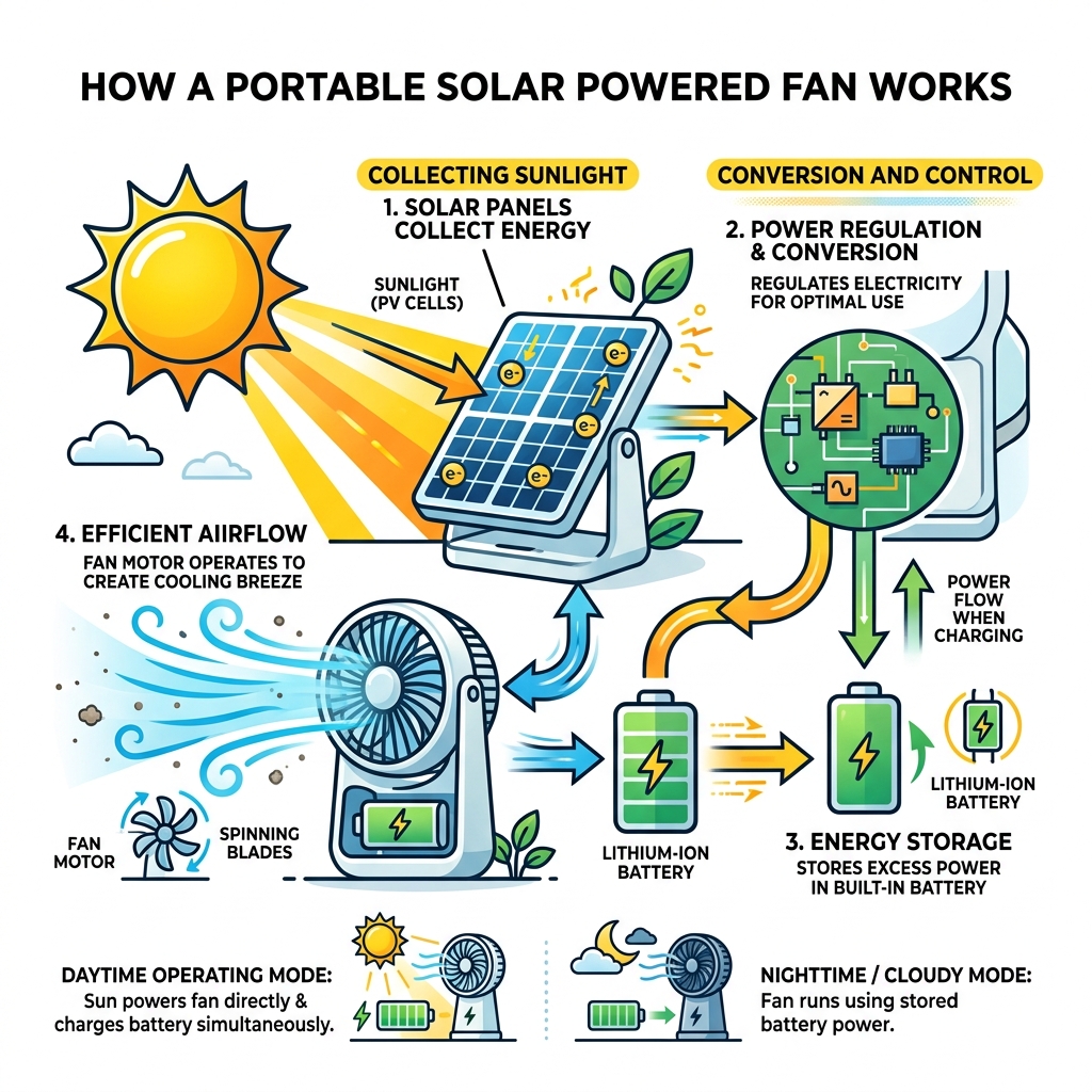 Infographic showing how a portable solar powered fan converts sunlight into airflow and stores energy - portable solar Infographic showing how a portable solar powered fan converts sunlight into airflow and stores energy - portable solar