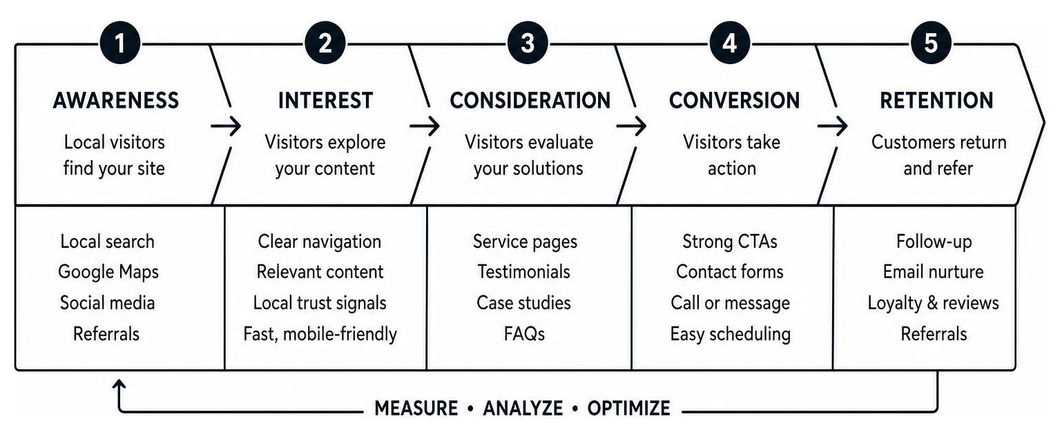 Diagram showing conversion funnel for local web traffic Diagram showing conversion funnel for local web traffic