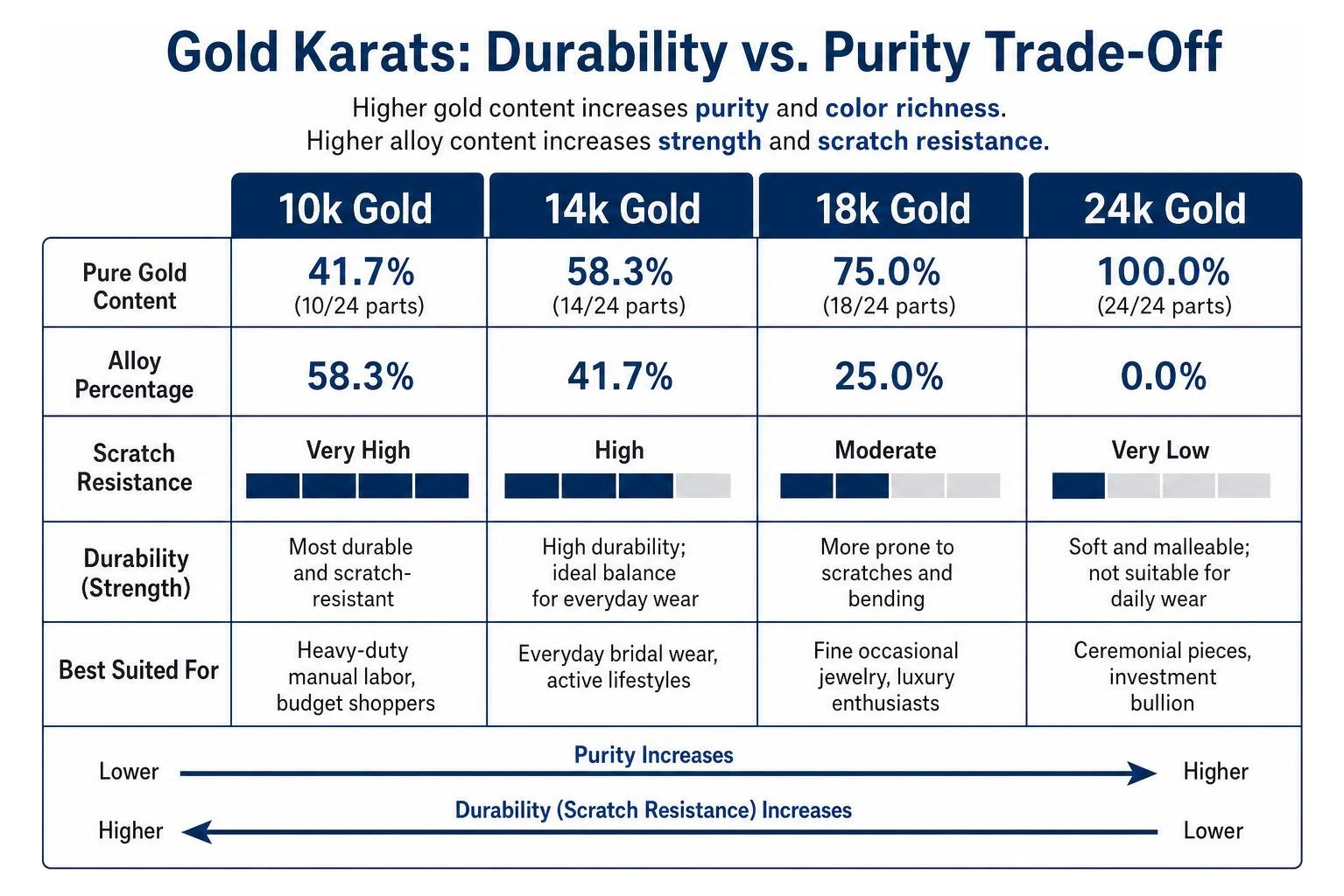 comparison of gold karats durability versus purity trade-off