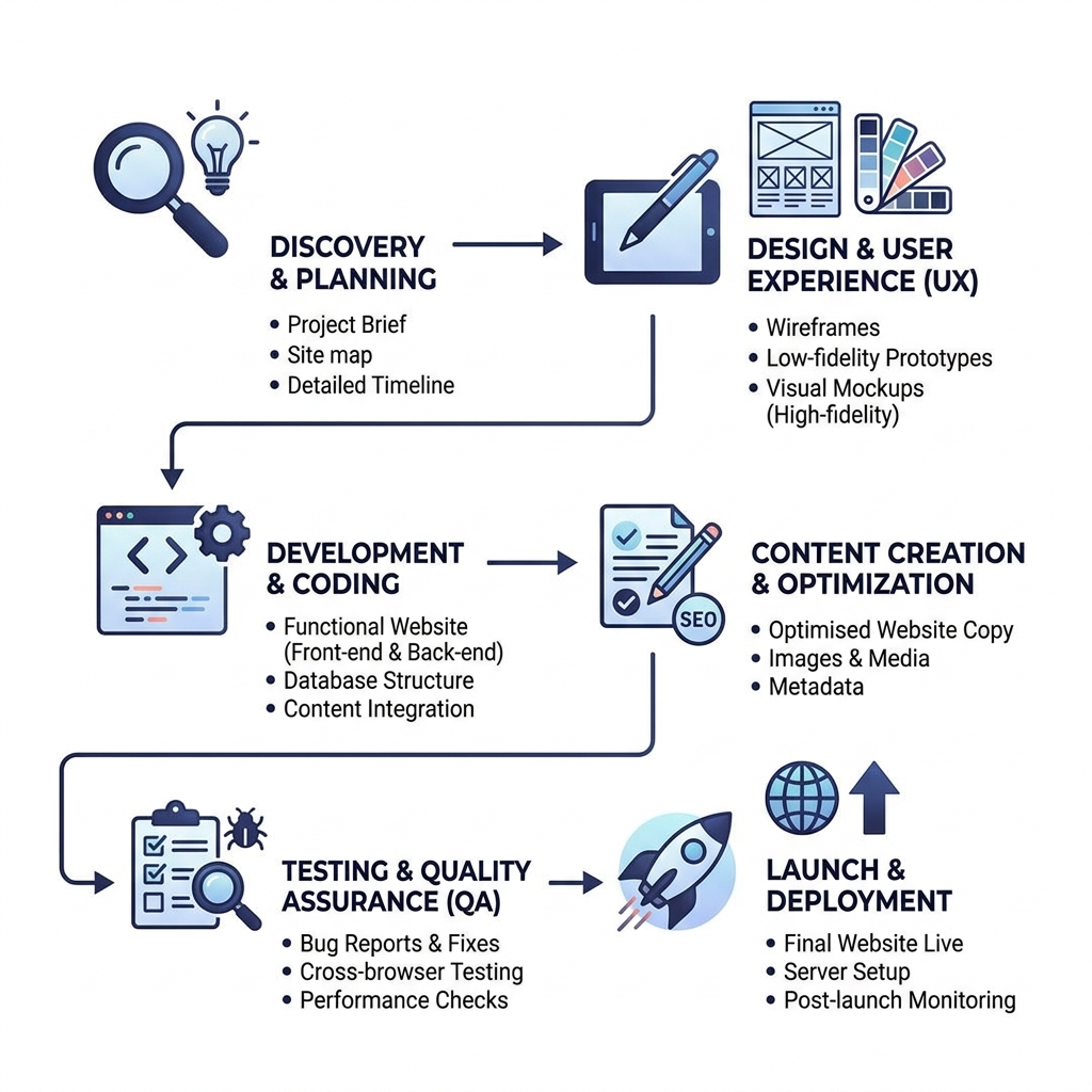 6-stage web development lifecycle from discovery to launch with key deliverables at each phase - web development agency