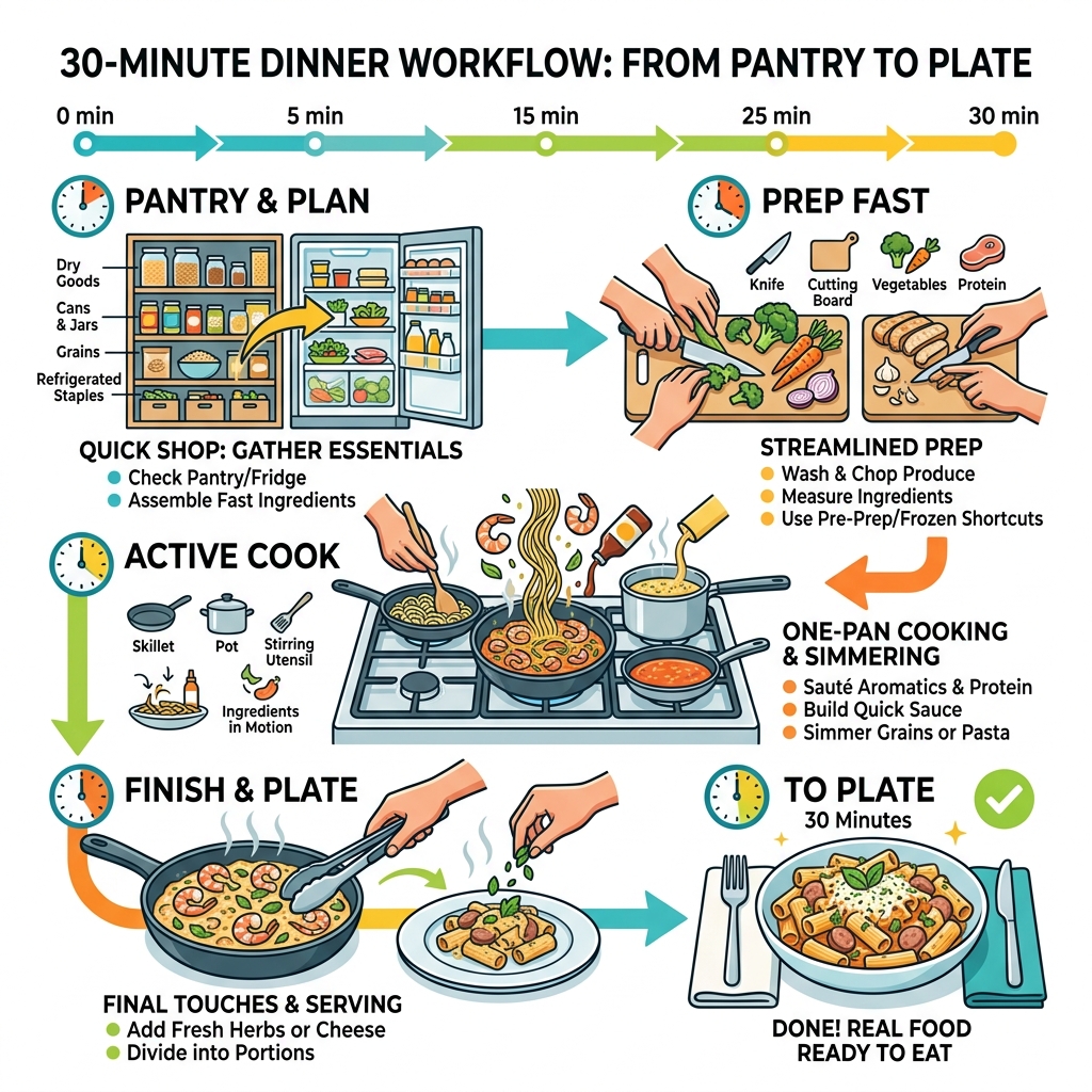30-minute dinner workflow from pantry to plate infographic - 30 minute easy dinners infographic 30-minute dinner workflow from pantry to plate infographic - 30 minute easy dinners infographic
