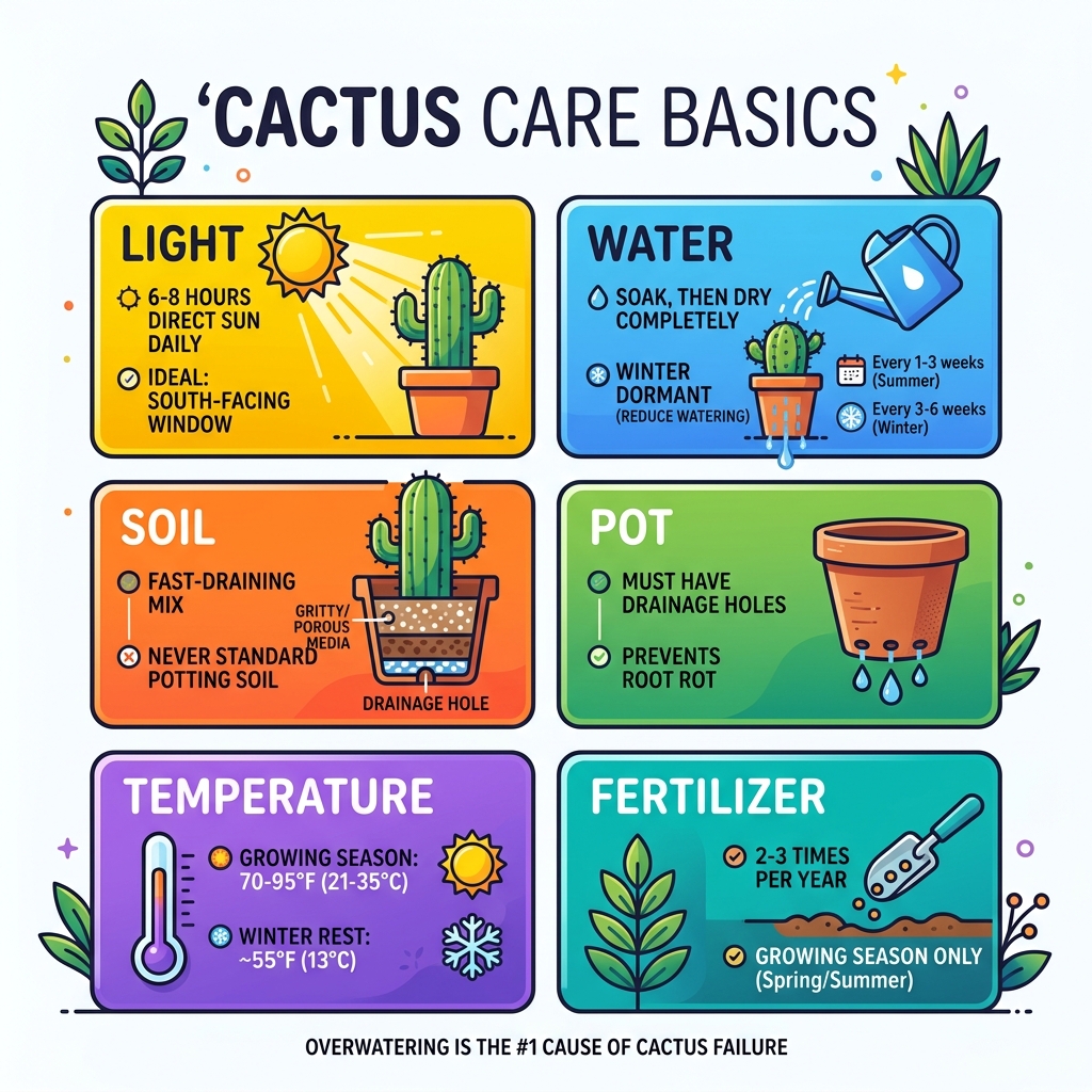 Cactus care basics infographic: light, water, soil, pot, temperature, and fertilizer at a glance - keeping cactus at home Cactus care basics infographic: light, water, soil, pot, temperature, and fertilizer at a glance - keeping cactus at home