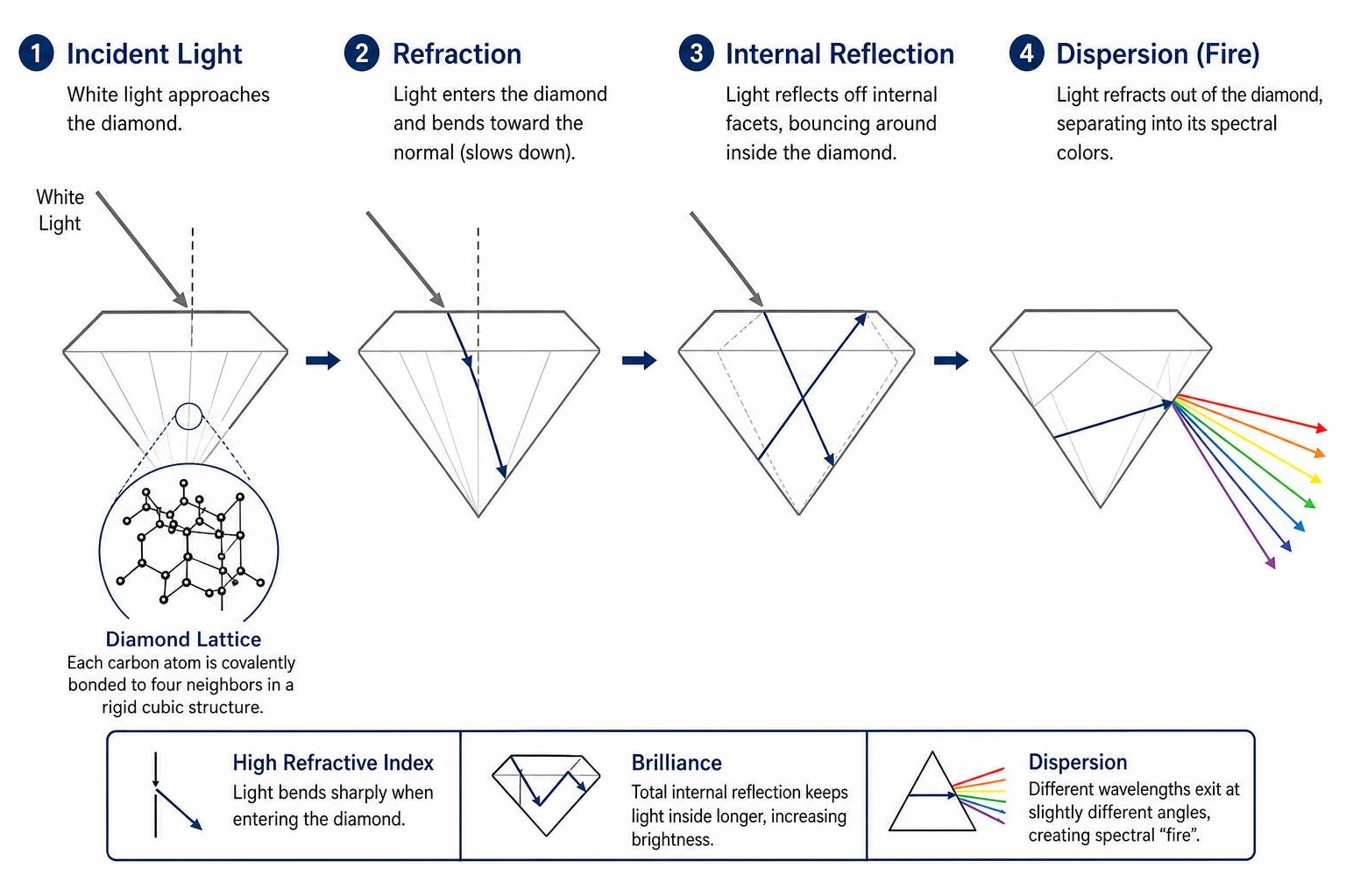 diagram showing light path through diamond lattice including refraction and dispersion diagram showing light path through diamond lattice including refraction and dispersion