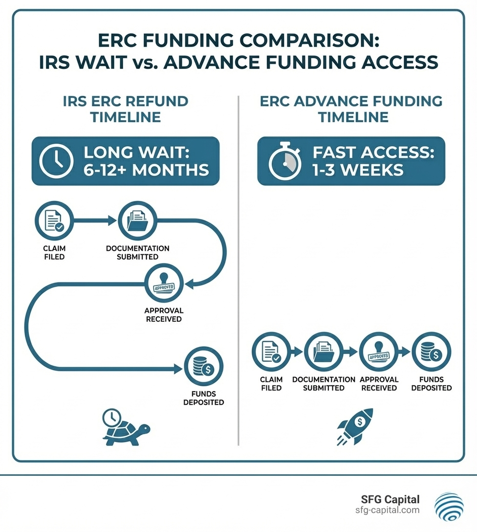 Infographic comparing IRS ERC refund timeline showing 6-12+ month wait versus ERC advance funding timeline showing 1-3 week access to funds, with key milestones: claim filed, documentation submitted, approval received, and funds deposited - ERC advance funding infographic 
