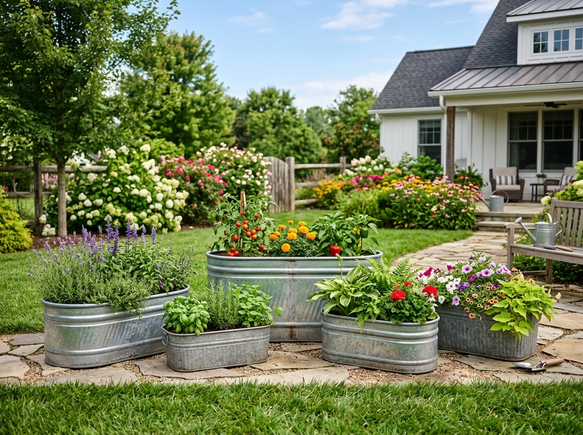 Various oval and rectangular galvanized troughs in a backyard setting - galvanized steel planters