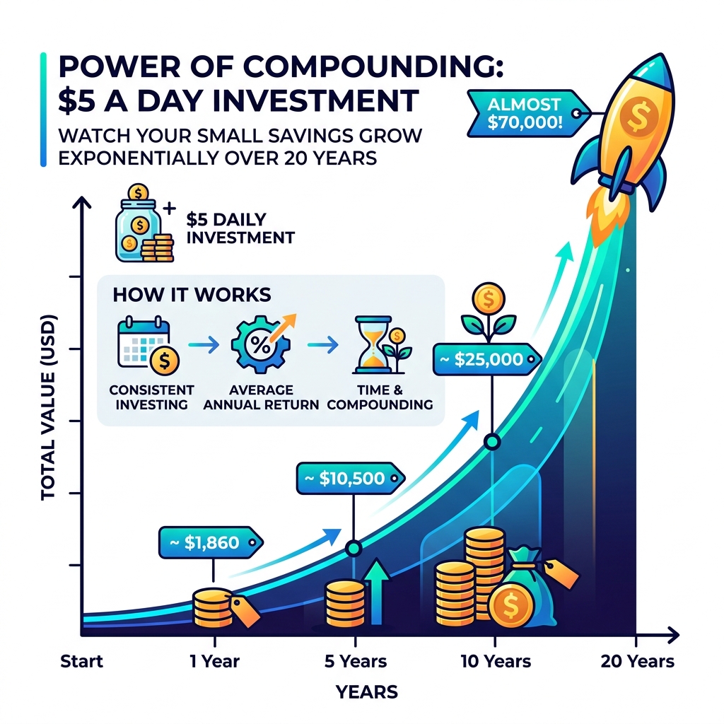 Compound interest growth chart showing the exponential rise of $5 daily investments over 20 years - app for investing small Compound interest growth chart showing the exponential rise of $5 daily investments over 20 years - app for investing small