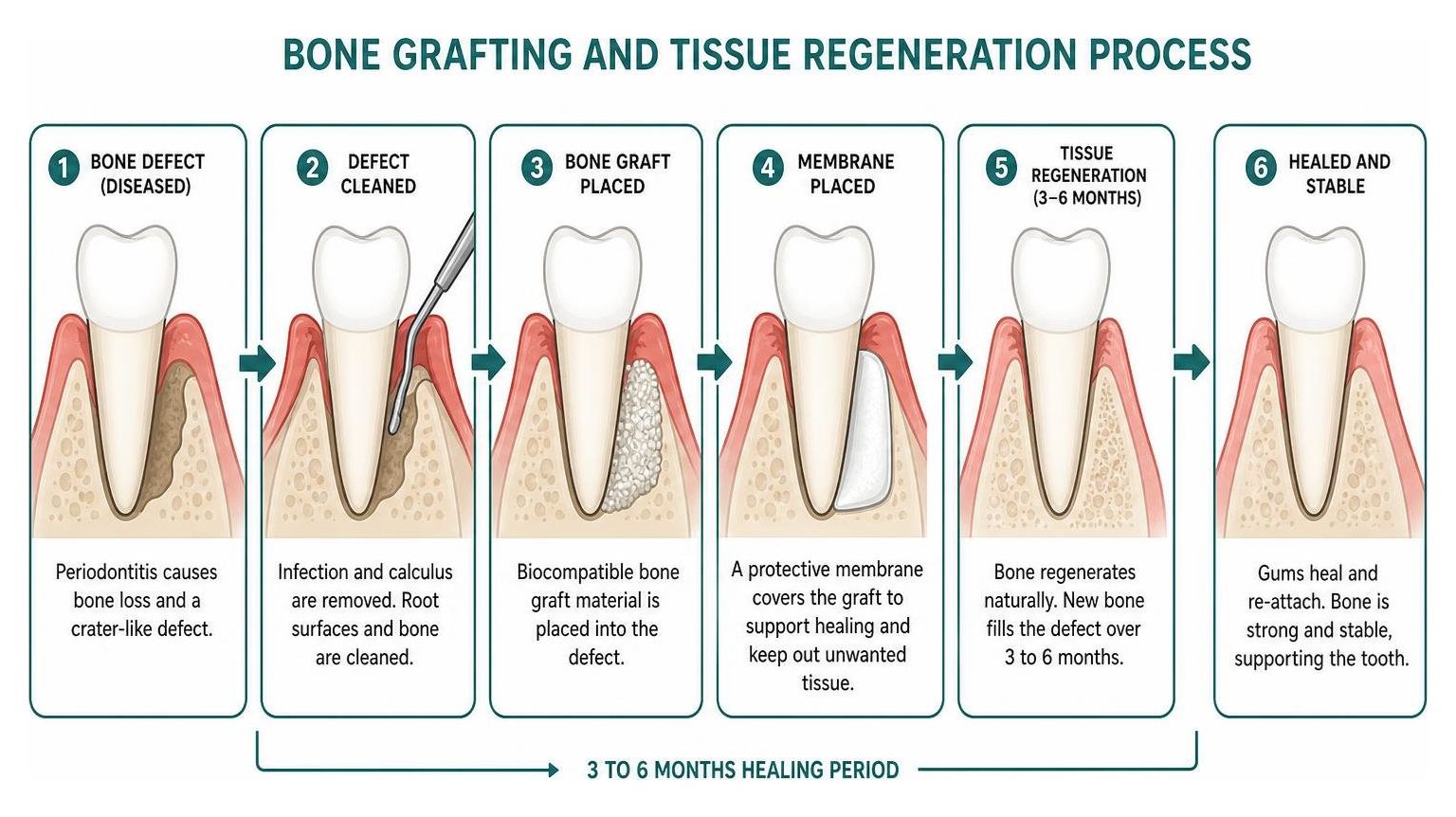 Diagram of dental bone grafting and tissue regeneration process Diagram of dental bone grafting and tissue regeneration process