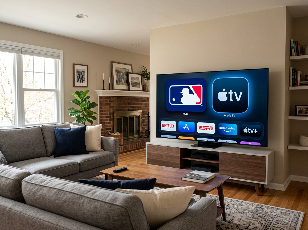 The MLB logo alongside the Apple TV app icon on a digital screen - apple tv mlb