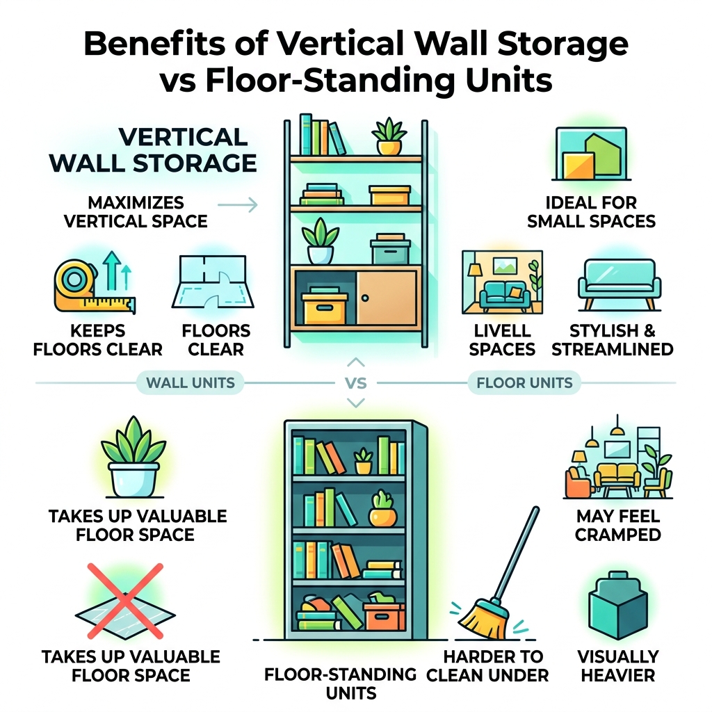 Benefits of vertical wall storage vs floor-standing units infographic - narrow wall storage units infographic 