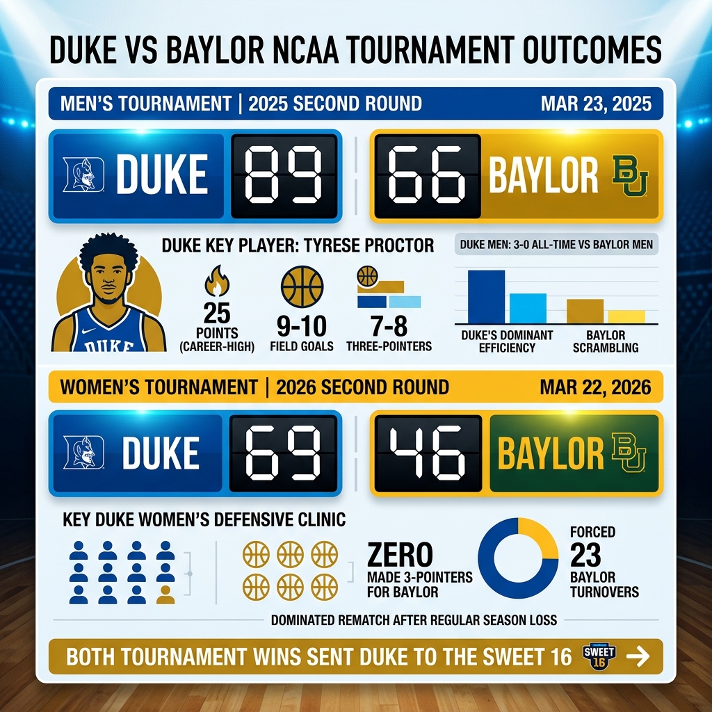 Duke vs Baylor 2025 and 2026 NCAA Tournament outcomes infographic with scores, key players, and stats - duke vs baylor