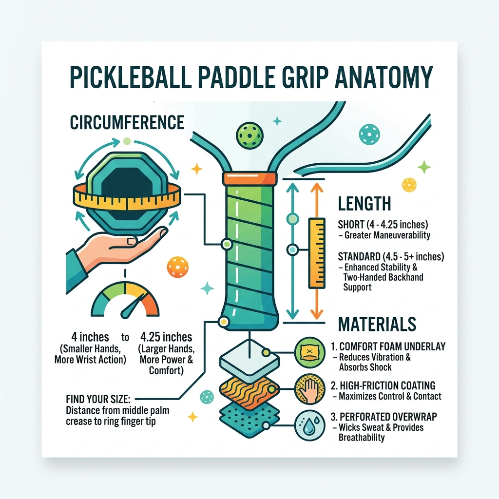 diagram showing pickleball paddle grip anatomy including circumference, length, and materials - easy grip pickleball paddle