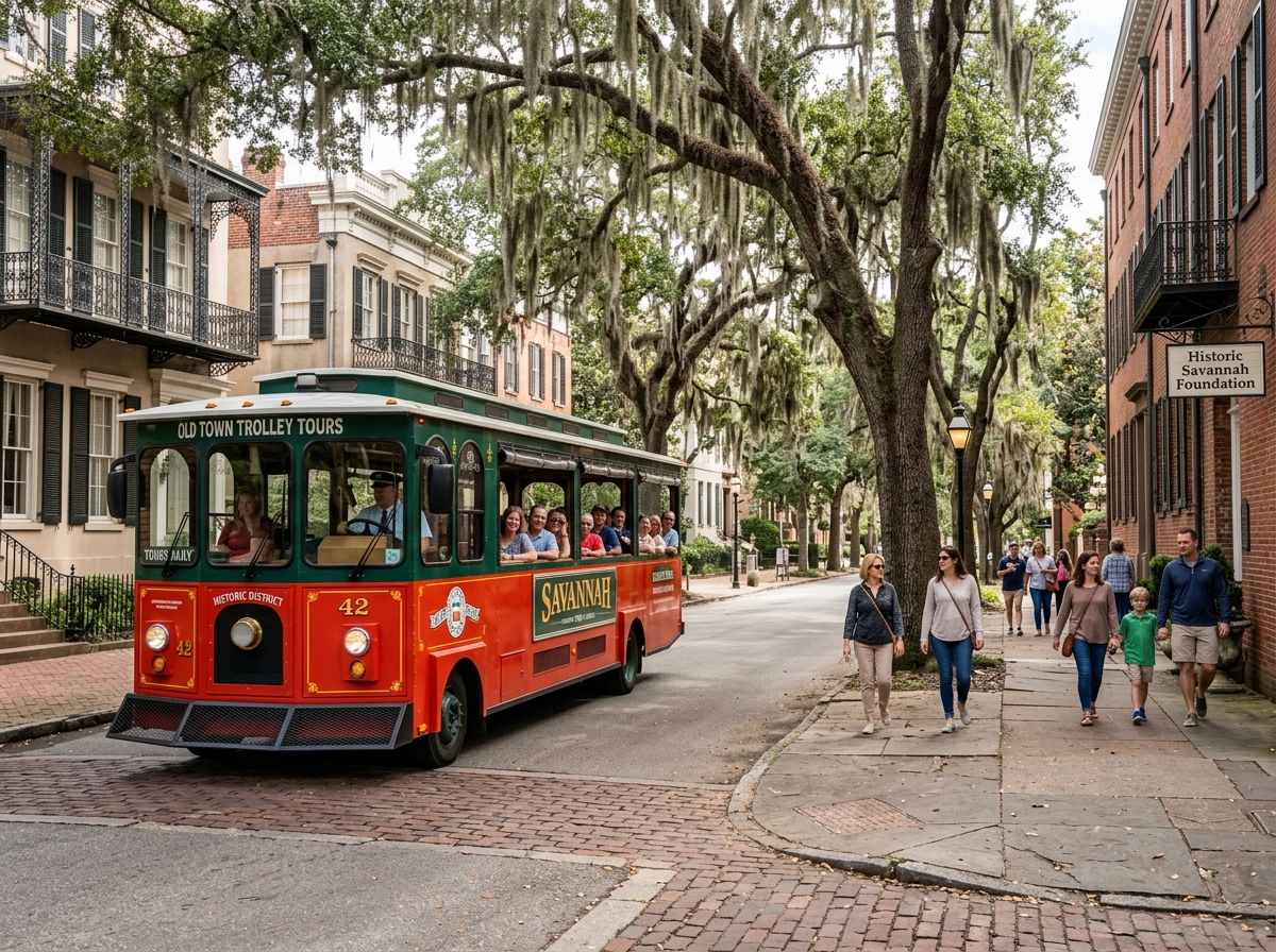 A Savannah tourism trolley moving through the historic district - Savannah GA scheduling software