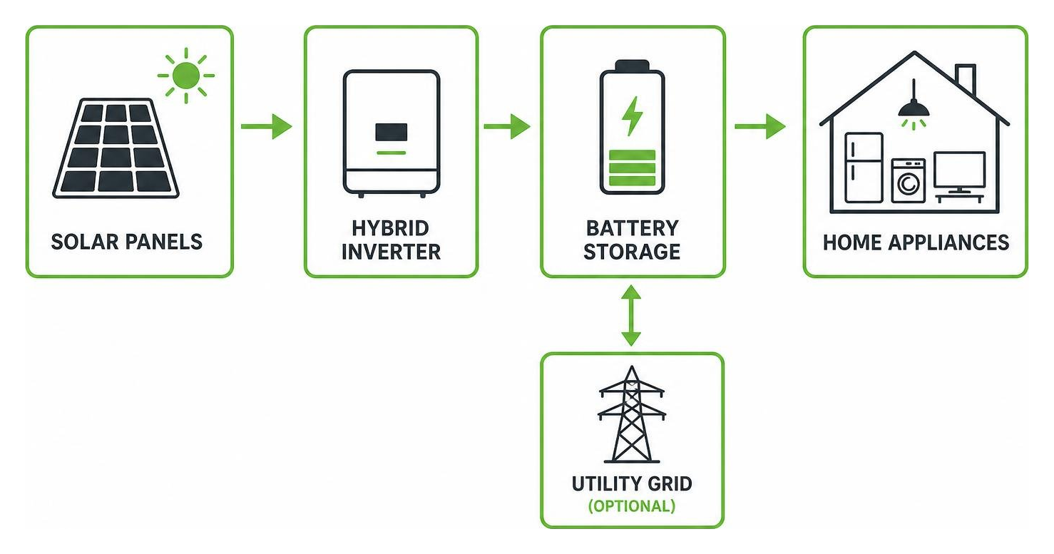 diagram showing the flow of solar energy from panels to battery storage and home appliances diagram showing the flow of solar energy from panels to battery storage and home appliances