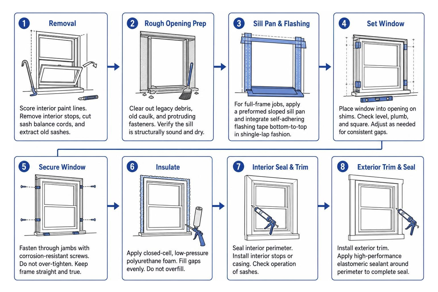 Step-by-step window installation process workflow from teardown to exterior trim sealing Step-by-step window installation process workflow from teardown to exterior trim sealing