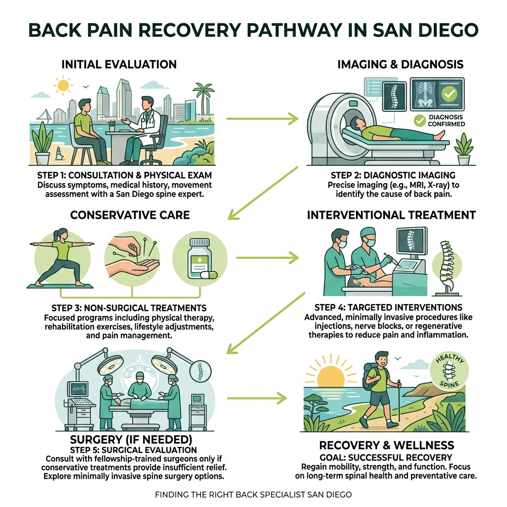 Infographic: Pathway from back pain diagnosis to recovery in San Diego - evaluation, imaging, conservative care