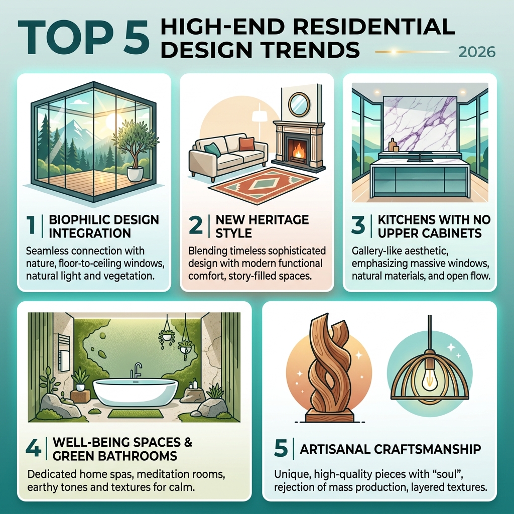 Infographic showcasing the top 5 high-end residential design trends for 2026 including New Heritage and Biophilic design Infographic showcasing the top 5 high-end residential design trends for 2026 including New Heritage and Biophilic design