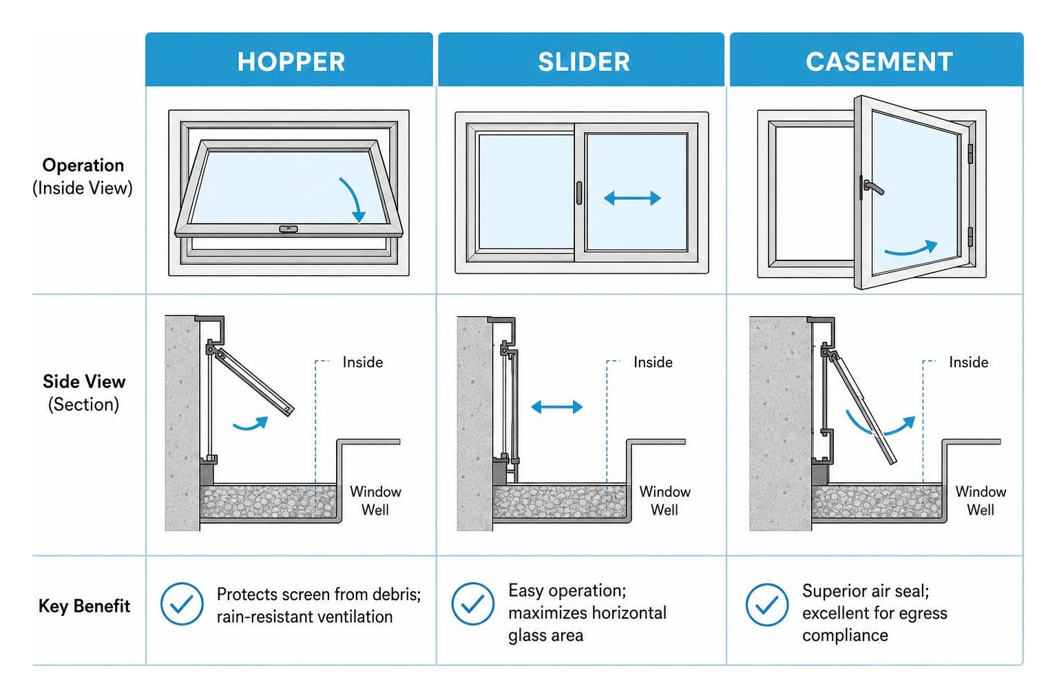 Basement window styles comparison diagram showing hopper, slider, and casement operation Basement window styles comparison diagram showing hopper, slider, and casement operation