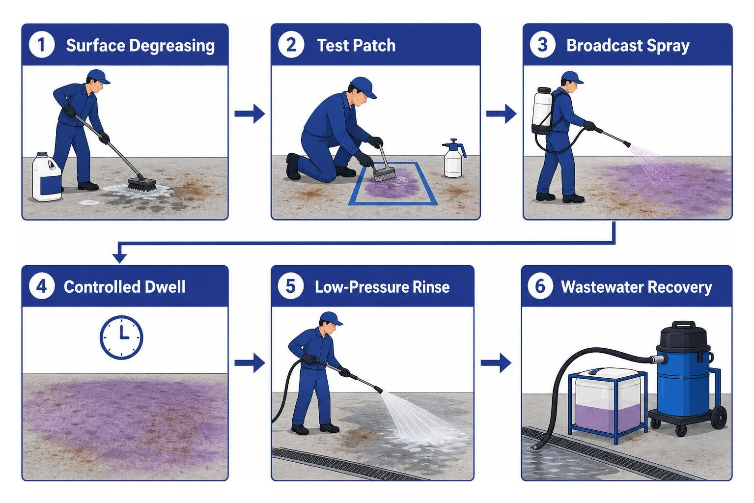 Step-by-step workflow: Surface degreasing, test patch, broadcast spray, controlled dwell, low-pressure rinse, wastewater