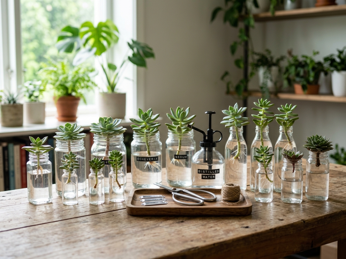 A clean propagation station setup with glass jars and succulent cuttings - propagate succulents water fast