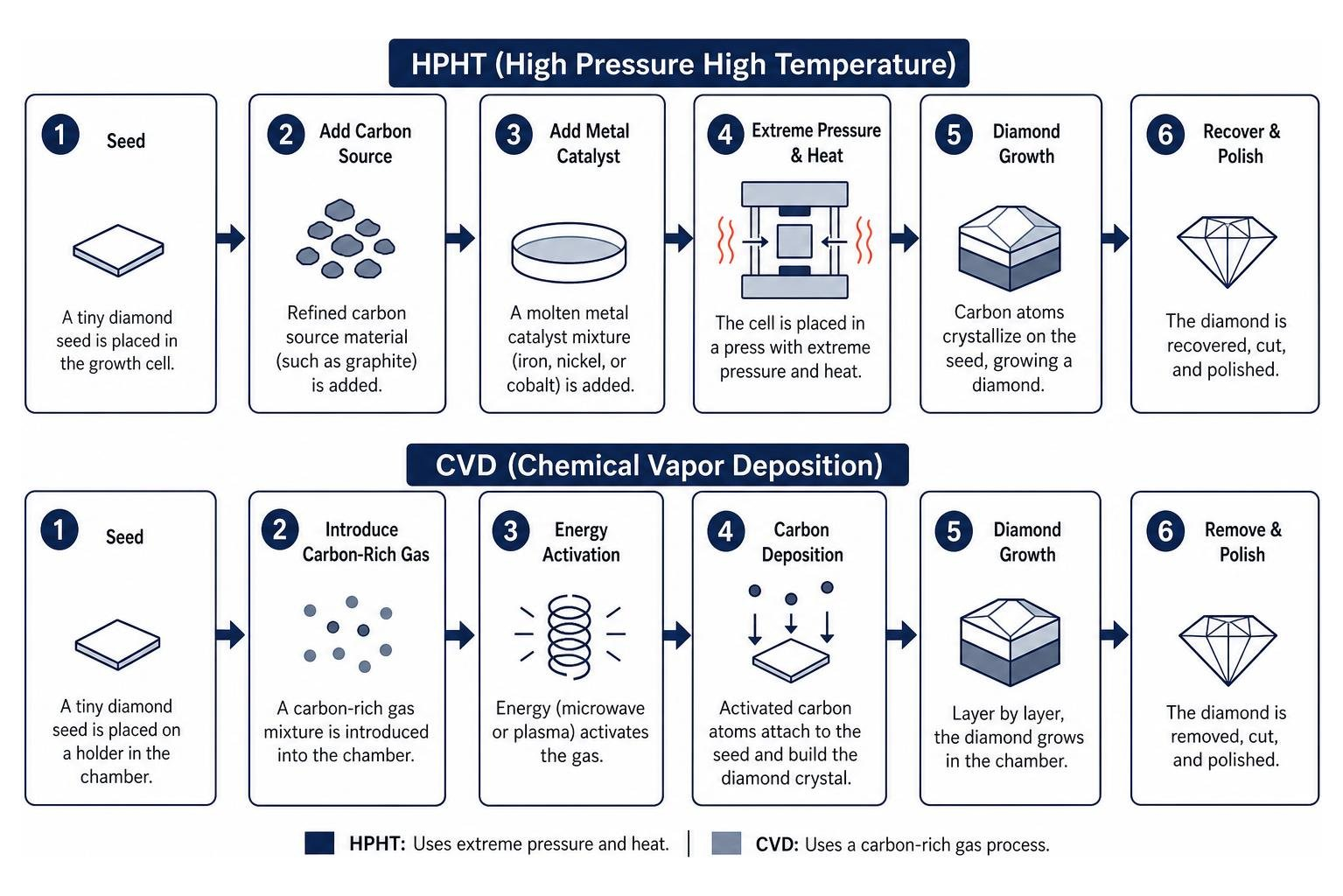 Step by step comparison of HPHT versus CVD diamond synthesis methods Step by step comparison of HPHT versus CVD diamond synthesis methods