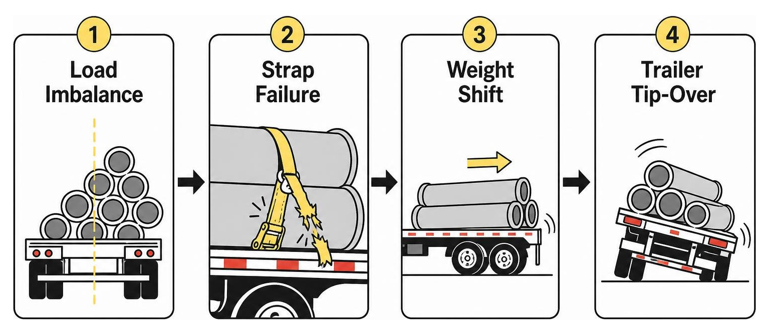 Sequence of a cargo shift rollover: load imbalance, strap failure, weight shift, trailer tip-over