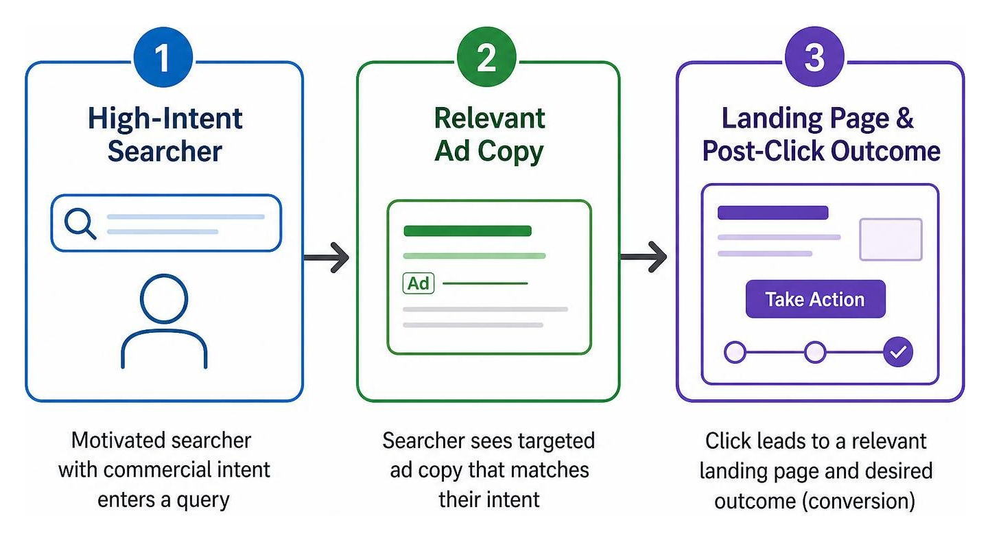 Flow of high-intent searcher to ad copy, landing page, and post-click outcome Flow of high-intent searcher to ad copy, landing page, and post-click outcome