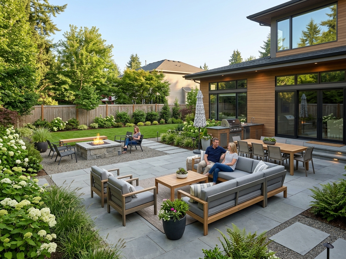 contemporary patio with distinct zones - outdoor living spaces