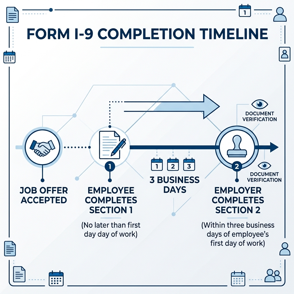 I-9 form timeline from job offer accepted to employer completing Section 2 within three business days - 1 9 form irs