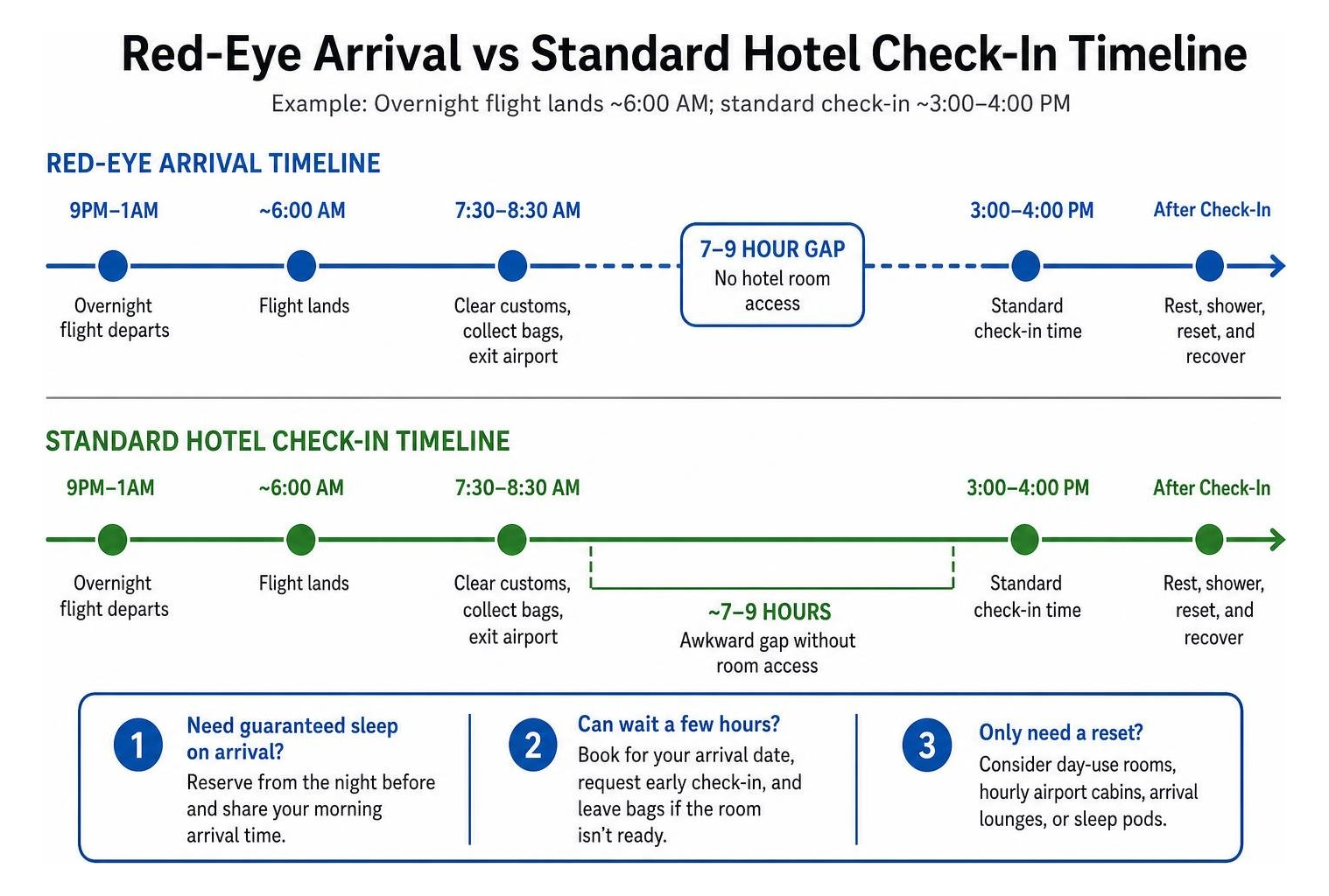 Timeline comparing red-eye arrival vs standard hotel check-in