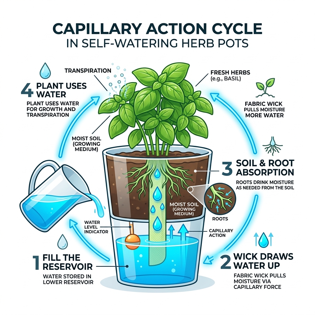 Capillary action cycle in self-watering herb pots showing reservoir, wick, and root absorption - self watering herbs