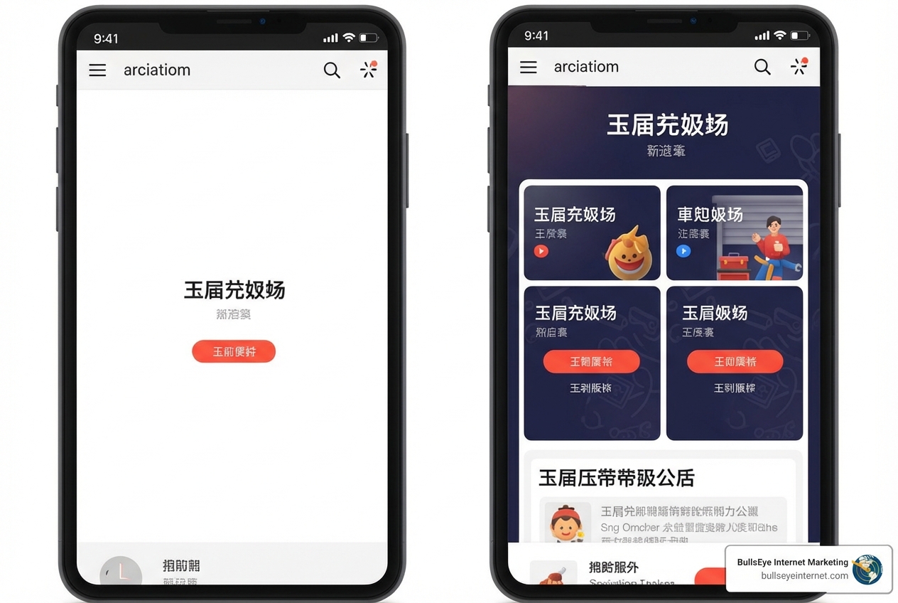 Mobile app interface displaying a search function and categorized content for PPC audits, featuring sections for ad relevance, keyword analysis, and budget allocation, with branding from Bullseye Internet Marketing.