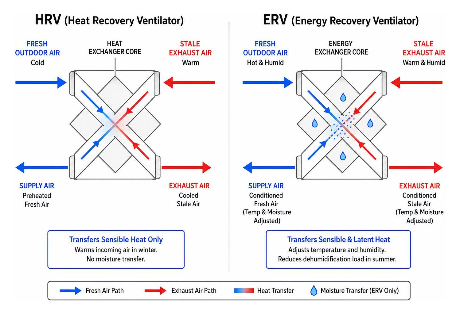 Comparison diagram of HRV versus ERV heat exchanger mechanics Comparison diagram of HRV versus ERV heat exchanger mechanics
