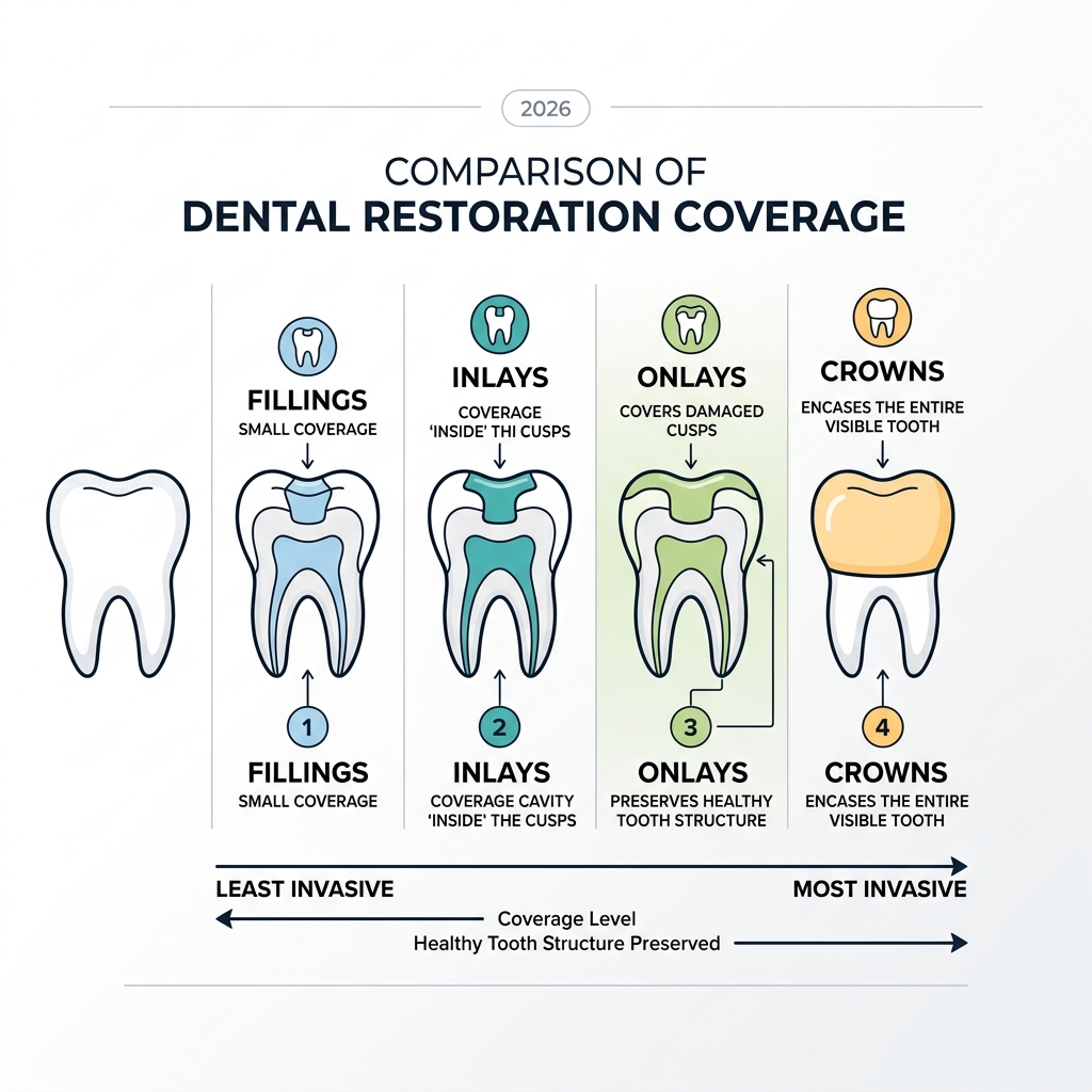 Infographic showing coverage levels of fillings, onlays, and crowns on a molar - onlay vs crown infographic Infographic showing coverage levels of fillings, onlays, and crowns on a molar - onlay vs crown infographic