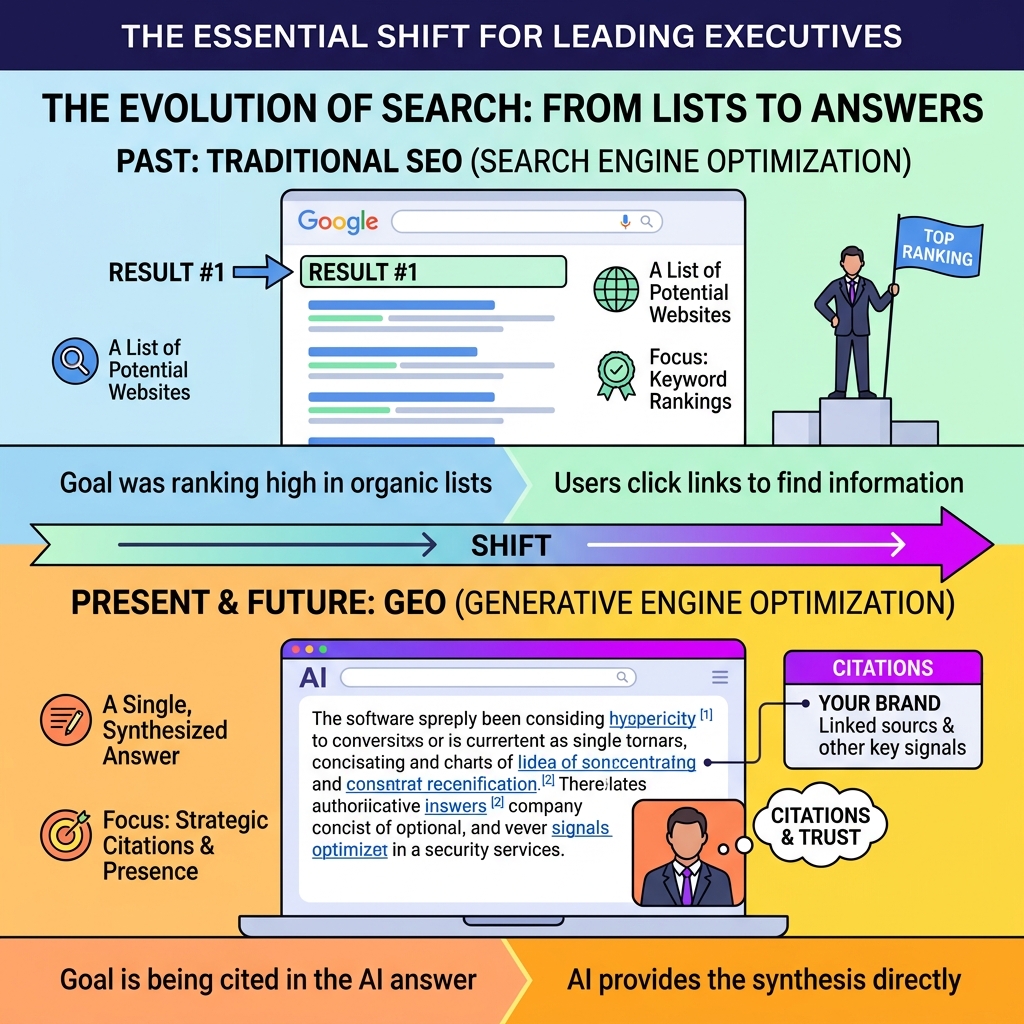 Infographic showing the shift from traditional Google SEO rankings to AI-generated answer citations for CEOs - GEO for CEOs Infographic showing the shift from traditional Google SEO rankings to AI-generated answer citations for CEOs - GEO for CEOs