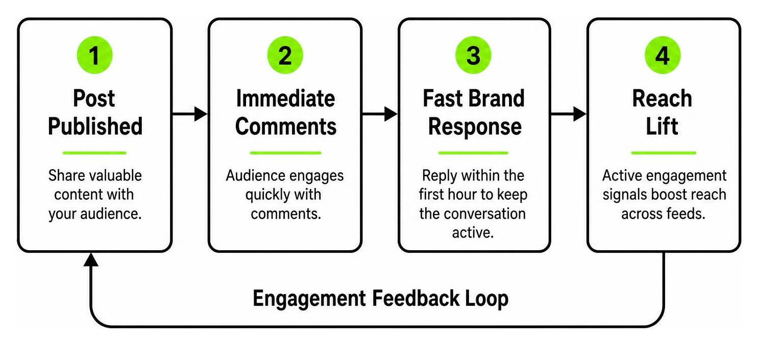 Engagement feedback loop showing post publishing, immediate comments, fast brand response, and reach lift Engagement feedback loop showing post publishing, immediate comments, fast brand response, and reach lift