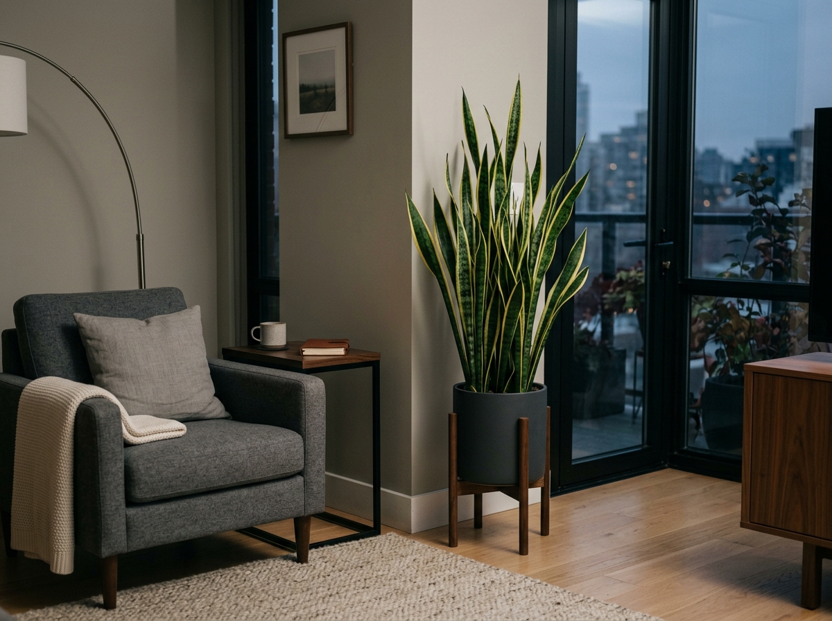 tall Snake Plant in a modern corner - best tall low light plants tall Snake Plant in a modern corner - best tall low light plants